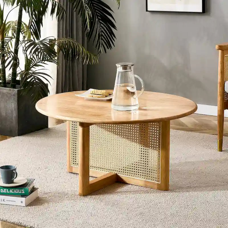 table basse en bois avec accents en faux rotin