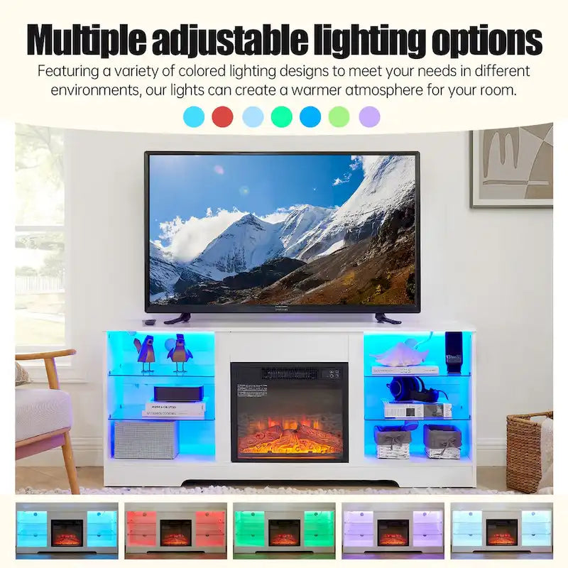 Meuble TV cheminée 58 W avec foyer de 18 pouces, éclairage LED et prise USB - 58 cm (L) x 15,5 cm (P) x 24,4 cm (H)