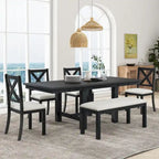 Farmhouse 6-Piece Extendable Dining Table Set with 11 Leaves, Acacia Wood Construction, Black Table, Beige Cushion, Seats 6