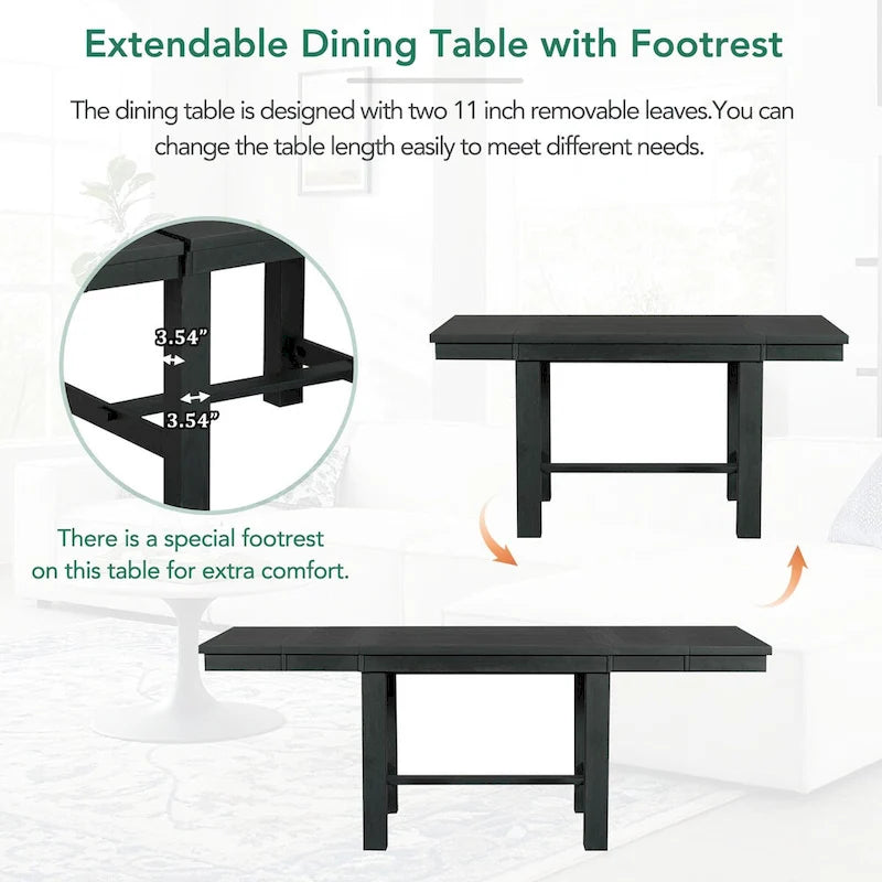 Ensemble de salle à manger extensible 6 pièces style ferme avec 11 rallonges, structure en bois d'acacia, table noire, coussins beiges, 6 couverts