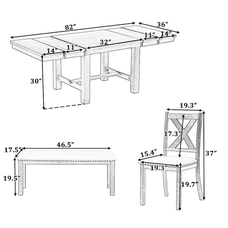 Ensemble de salle à manger extensible 6 pièces style ferme avec 11 rallonges, structure en bois d'acacia, table noire, coussins beiges, 6 couverts