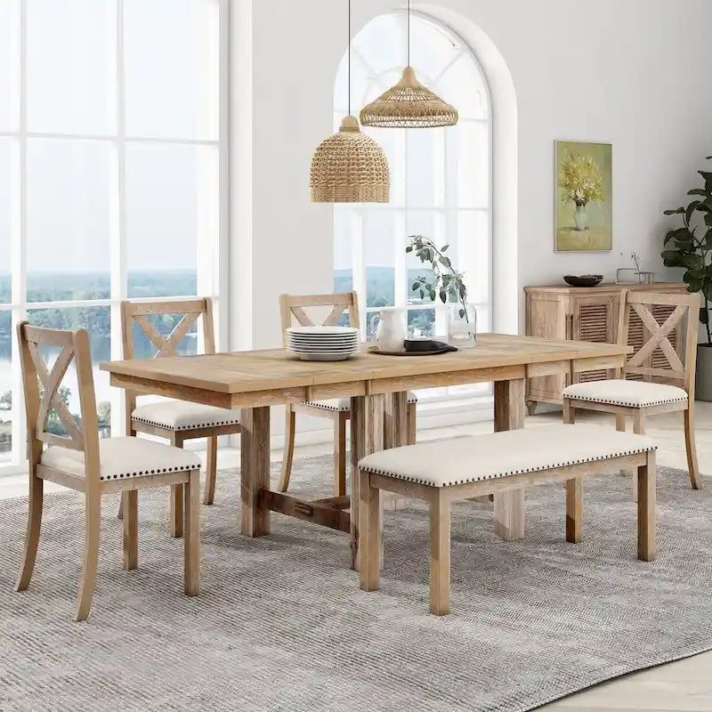 Ensemble de salle à manger extensible 6 pièces style ferme avec 11 rallonges, structure en bois d'acacia, table noire, coussins beiges, 6 couverts