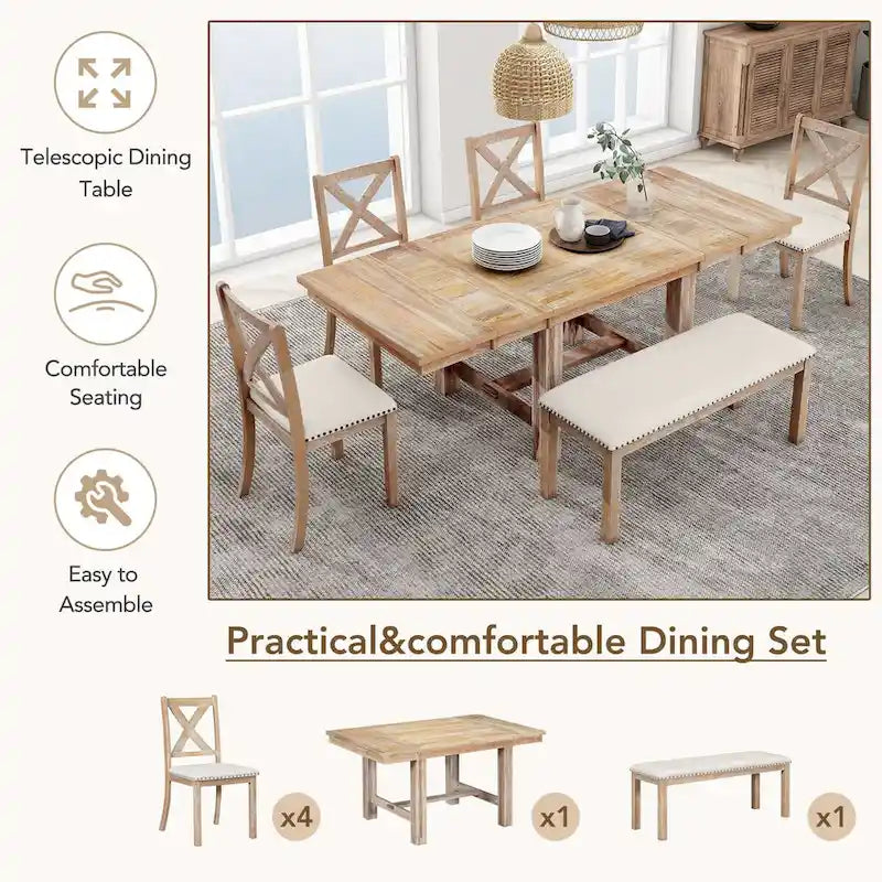Ensemble de salle à manger extensible 6 pièces style ferme avec 11 rallonges, structure en bois d'acacia, table noire, coussins beiges, 6 couverts