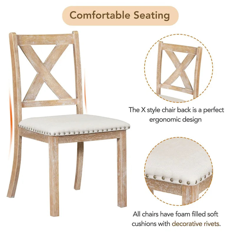 Ensemble de salle à manger extensible 6 pièces style ferme avec 11 rallonges, structure en bois d'acacia, table noire, coussins beiges, 6 couverts