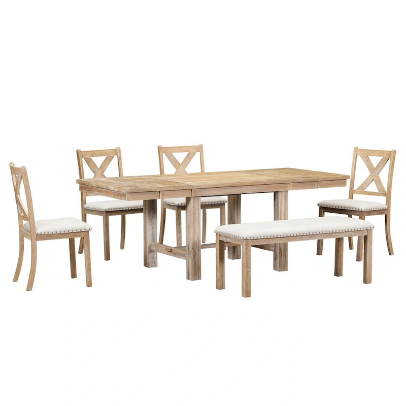Ensemble de salle à manger extensible 6 pièces style ferme avec 11 rallonges, structure en bois d'acacia, table noire, coussins beiges, 6 couverts