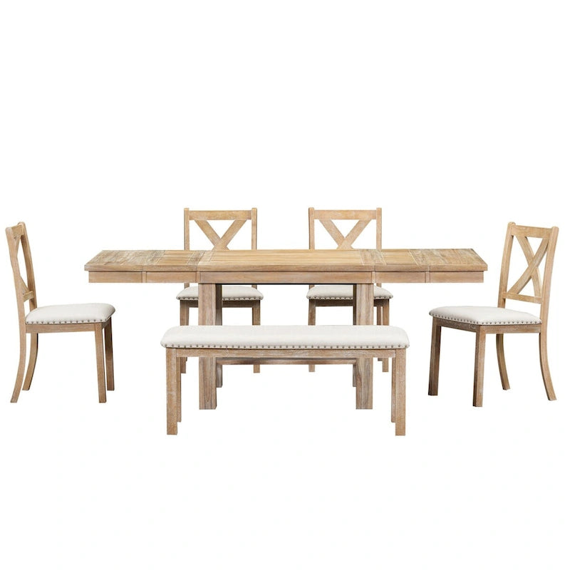 Ensemble de salle à manger extensible 6 pièces style ferme avec 11 rallonges, structure en bois d'acacia, table noire, coussins beiges, 6 couverts
