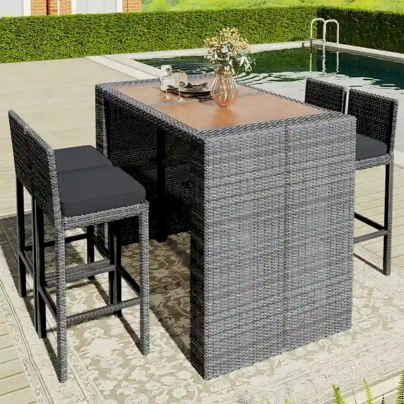 Dining Set,5-pieces,Outdoor Wicker Set,Acacia Wood,Brown And Gray