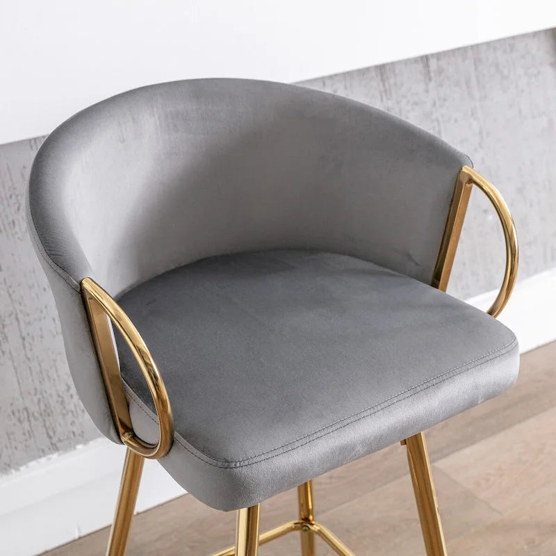 Ensemble de 2 tabourets de bar de 66 cm (26 pouces), avec repose-pieds chromé, base en velours et pieds dorés. Tabouret de bar simple, gris.