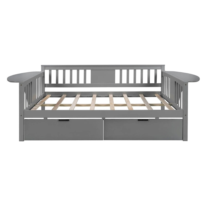 Canapé-lit de jour pleine grandeur avec deux tiroirs, accoudoirs et sommier à lattes en bois