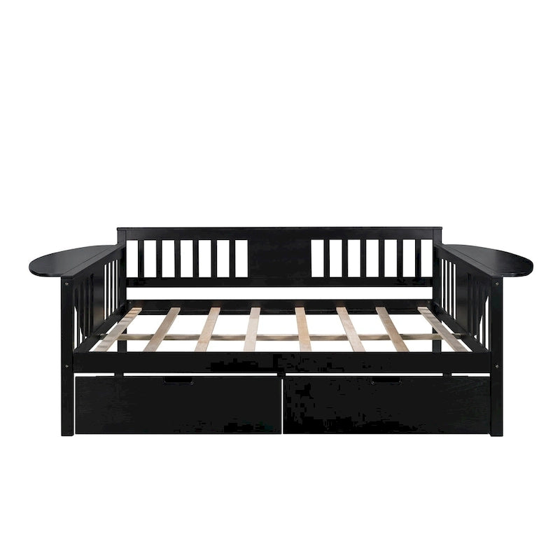 Canapé-lit de jour pleine grandeur avec deux tiroirs, accoudoirs et sommier à lattes en bois