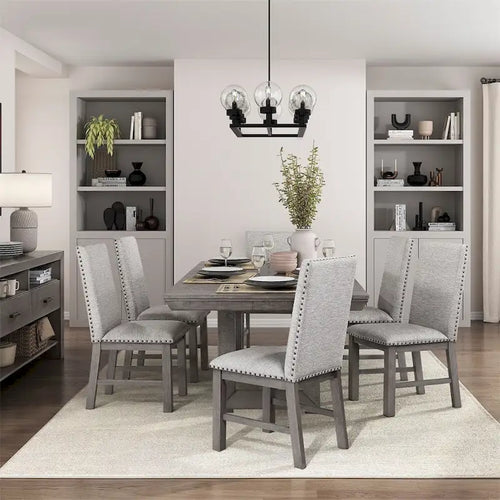 7 PCS Dining Set w/ Extension Leaf Table and 6 Upholstered Chairs