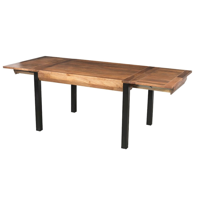 Table de salle à manger rectangulaire extensible de 83 pouces, en bois de manguier fabriqué à la main avec des pieds en fer noir