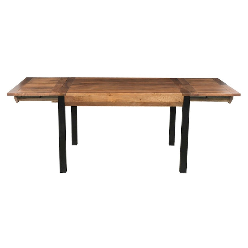 Table de salle à manger rectangulaire extensible de 83 pouces, en bois de manguier fabriqué à la main avec des pieds en fer noir