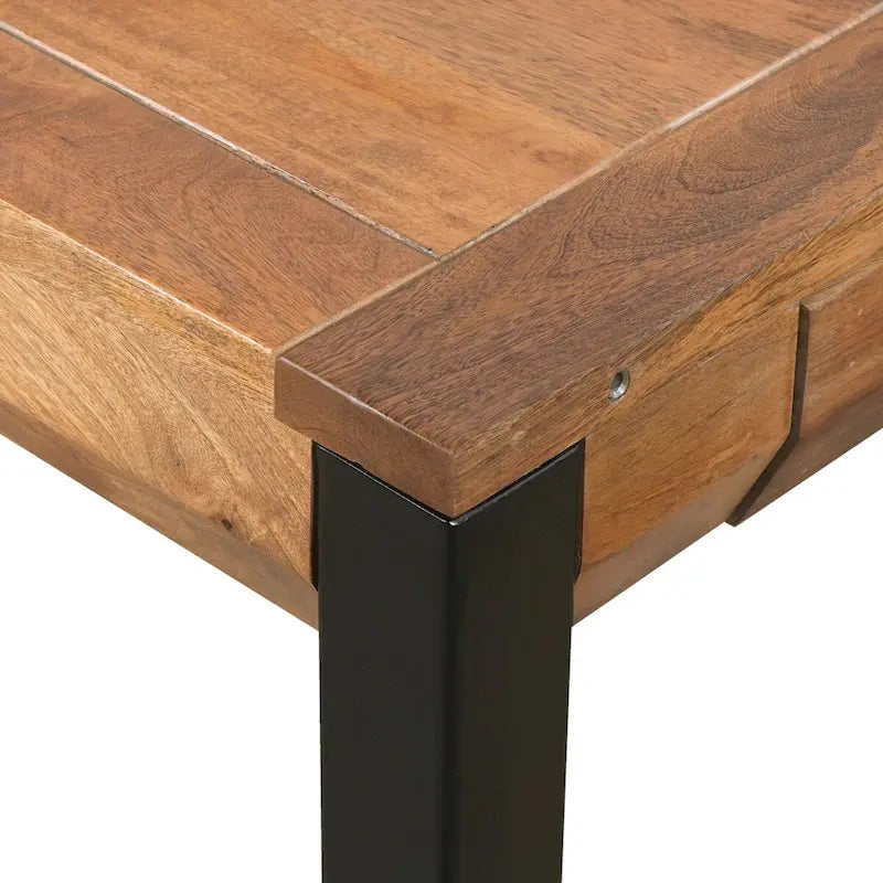 Table de salle à manger rectangulaire extensible de 83 pouces, en bois de manguier fabriqué à la main avec des pieds en fer noir