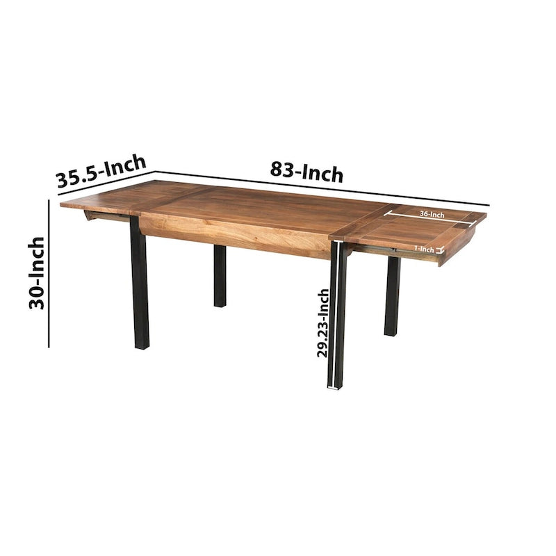 Table de salle à manger rectangulaire extensible de 83 pouces, en bois de manguier fabriqué à la main avec des pieds en fer noir