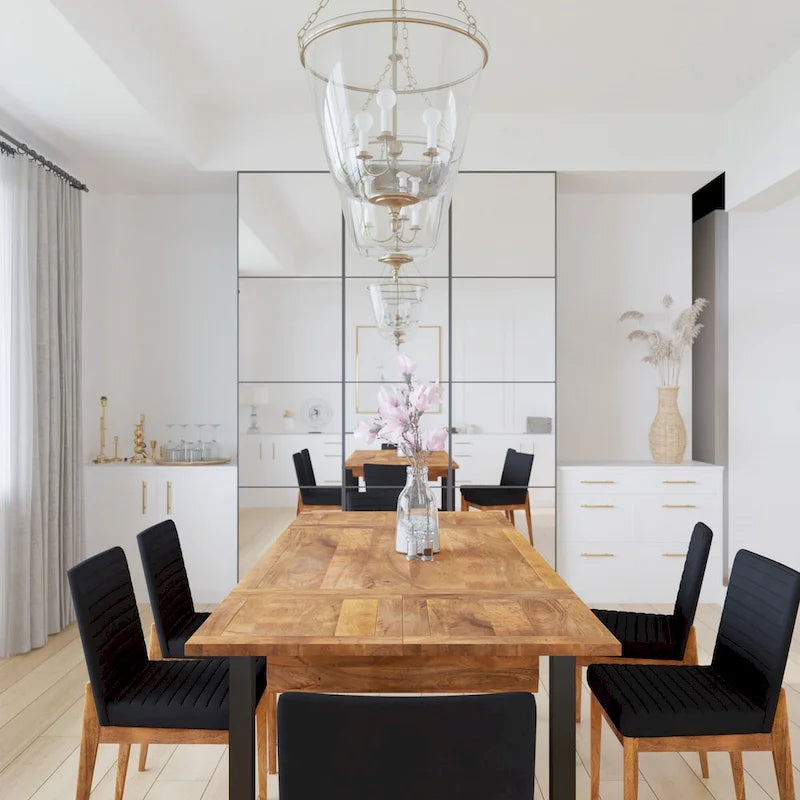 Table de salle à manger rectangulaire extensible de 83 pouces, en bois de manguier fabriqué à la main avec des pieds en fer noir