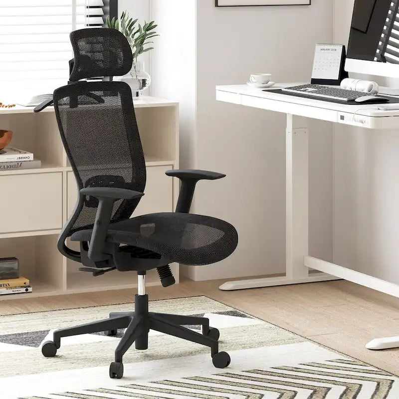 Chaise de bureau ergonomique FlexiSpot pivotante à 360°, réglable en hauteur, en maille, avec appui-tête, soutien lombaire et accoudoirs réglables.