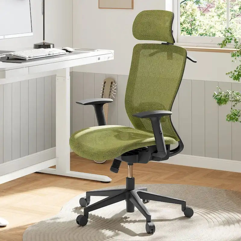 Chaise de bureau ergonomique FlexiSpot pivotante à 360°, réglable en hauteur, en maille, avec appui-tête, soutien lombaire et accoudoirs réglables.
