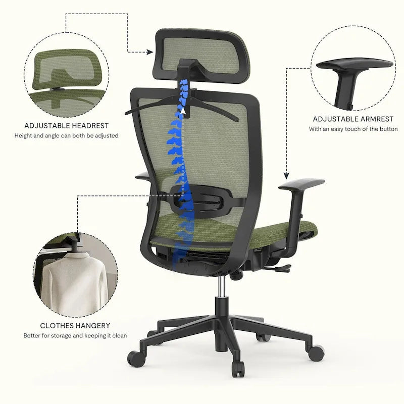 Chaise de bureau ergonomique FlexiSpot pivotante à 360°, réglable en hauteur, en maille, avec appui-tête, soutien lombaire et accoudoirs réglables.