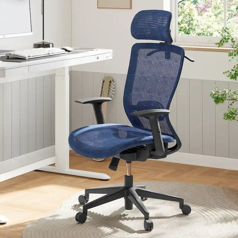 Chaise de bureau ergonomique FlexiSpot pivotante à 360°, réglable en hauteur, en maille, avec appui-tête, soutien lombaire et accoudoirs réglables.