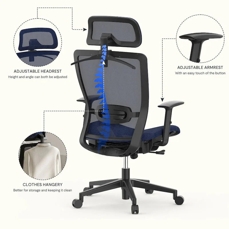 Chaise de bureau ergonomique FlexiSpot pivotante à 360°, réglable en hauteur, en maille, avec appui-tête, soutien lombaire et accoudoirs réglables.