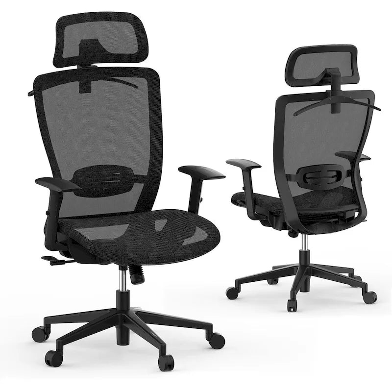 Chaise de bureau ergonomique FlexiSpot pivotante à 360°, réglable en hauteur, en maille, avec appui-tête, soutien lombaire et accoudoirs réglables.