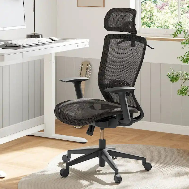 Chaise de bureau ergonomique FlexiSpot pivotante à 360°, réglable en hauteur, en maille, avec appui-tête, soutien lombaire et accoudoirs réglables.