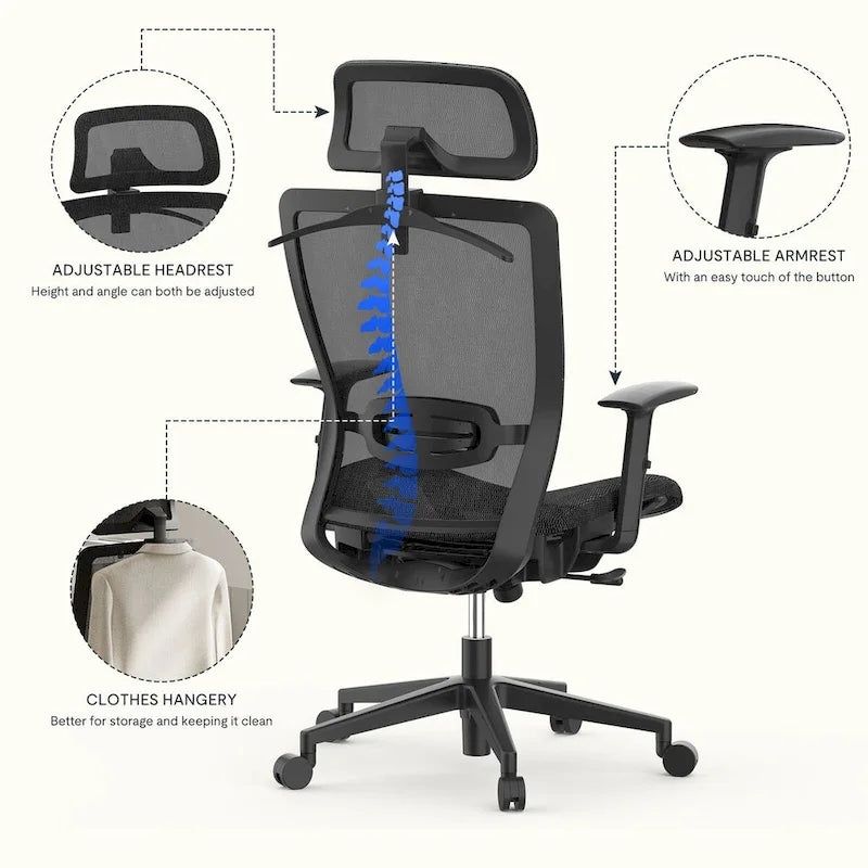 Chaise de bureau ergonomique FlexiSpot pivotante à 360°, réglable en hauteur, en maille, avec appui-tête, soutien lombaire et accoudoirs réglables.