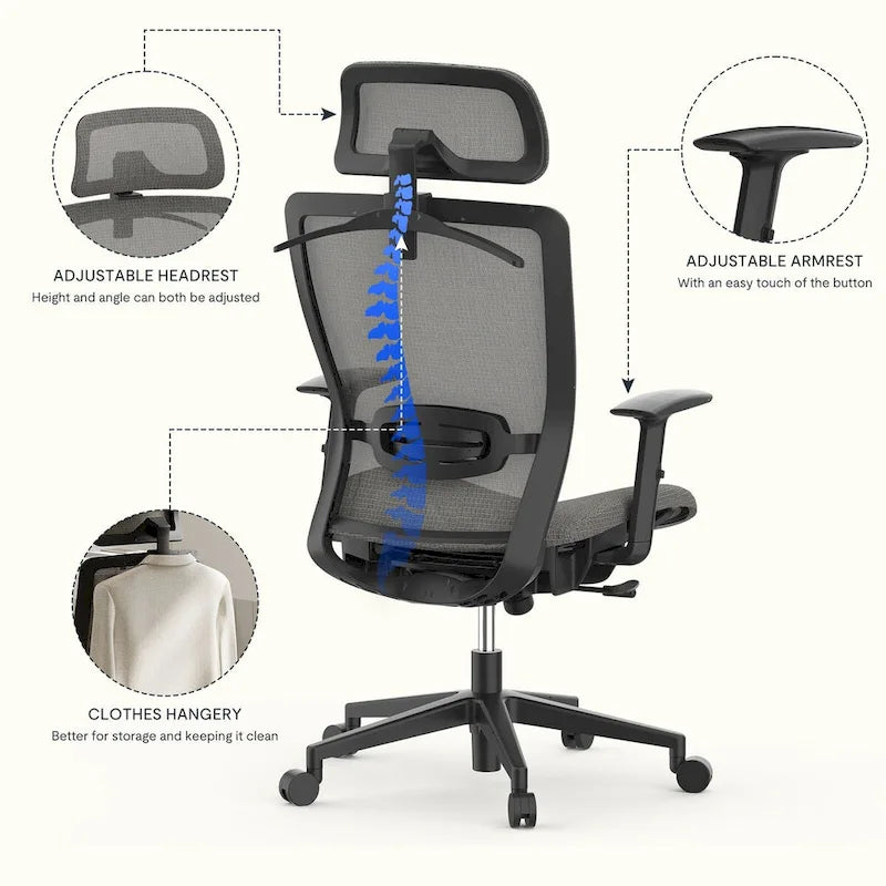 Chaise de bureau ergonomique FlexiSpot pivotante à 360°, réglable en hauteur, en maille, avec appui-tête, soutien lombaire et accoudoirs réglables.