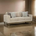 Klyn 93 Inch Sofa, 4 Accent Pillows, Faux Wood Feet, Beige Polyester