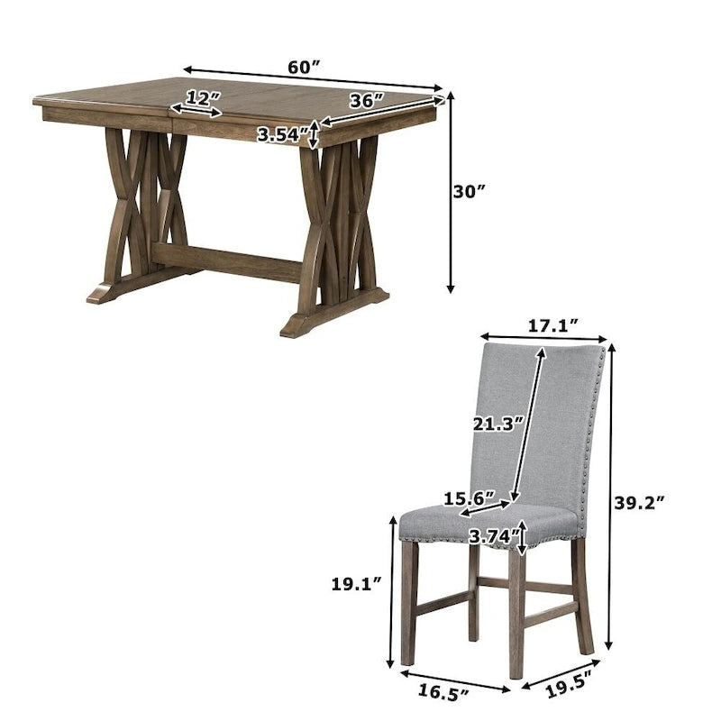 Ensemble de table à manger 7 pièces, table de cuisine extensible avec chaises rembourrées, gris