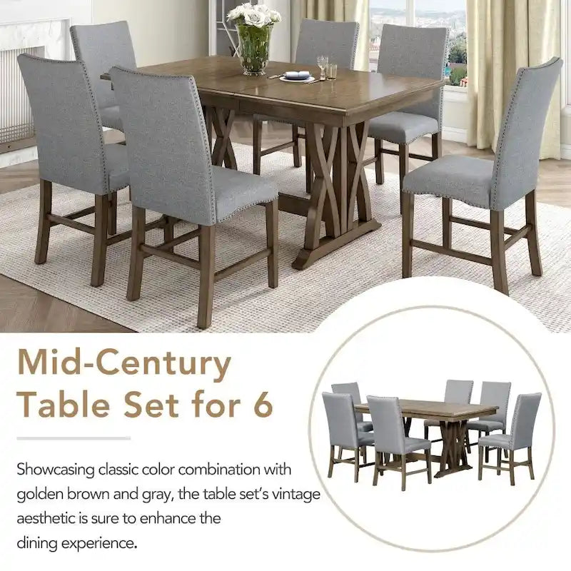Ensemble de table à manger 7 pièces, table de cuisine extensible avec chaises rembourrées, gris