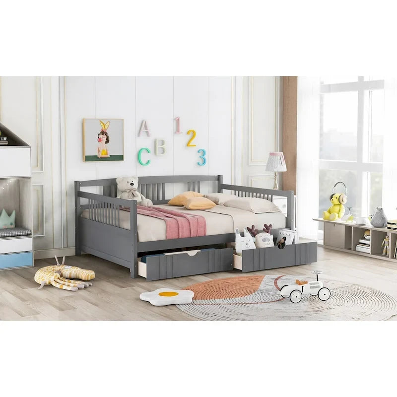 Lit de jour en bois pleine grandeur, canapé-lit, équipé de barres d'appui en bois et de deux tiroirs