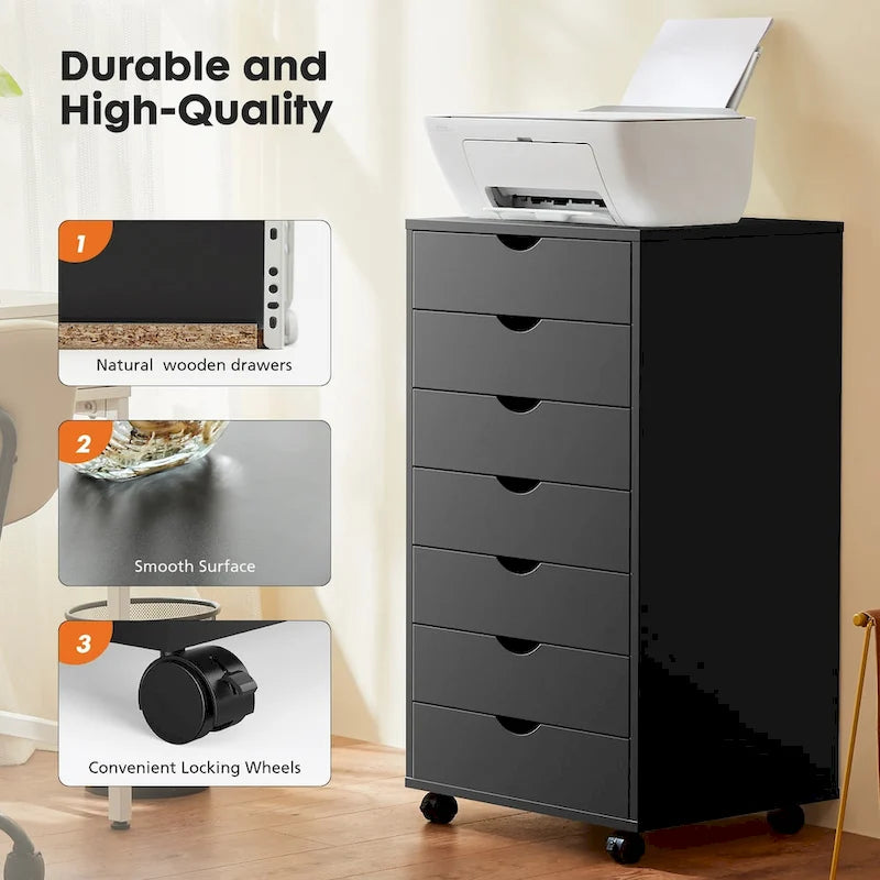 Commode à 7 tiroirs - Meuble de rangement à roulettes - Commode en bois - Meuble de rangement mobile avec tiroirs pour bureau