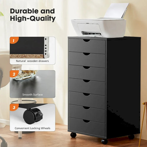 Commode à 7 tiroirs - Meuble de rangement à roulettes - Commode en bois - Meuble de rangement mobile avec tiroirs pour bureau