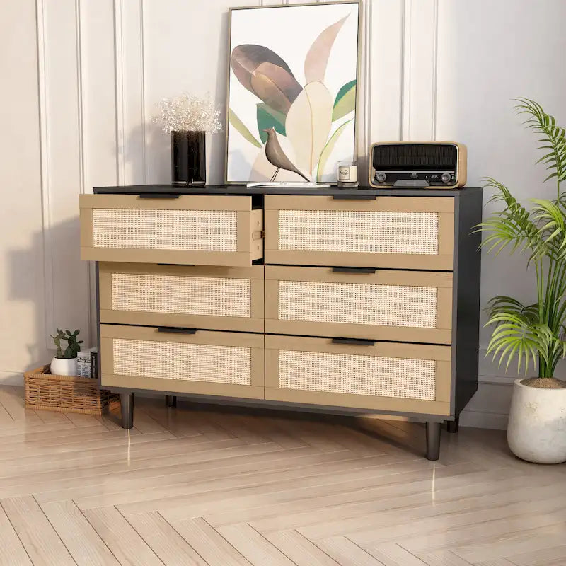 Meuble de rangement d'appoint à 6 tiroirs, commode en rotin, tiroir en rotin