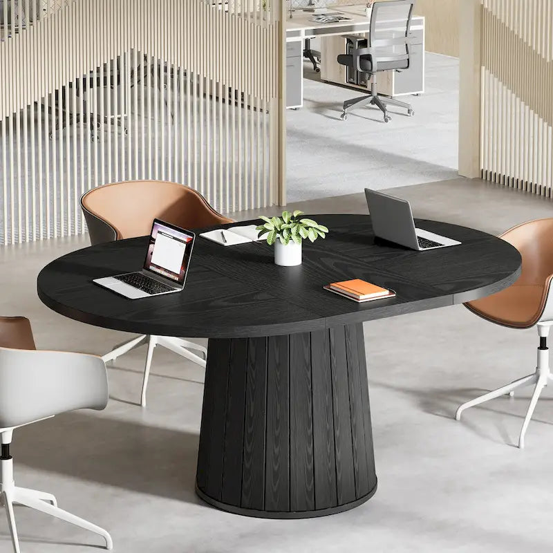 Table de conférence ovale en bois brun de 140 cm (55,11 pouces) avec piètement en bois pour 6 personnes - Non disponible