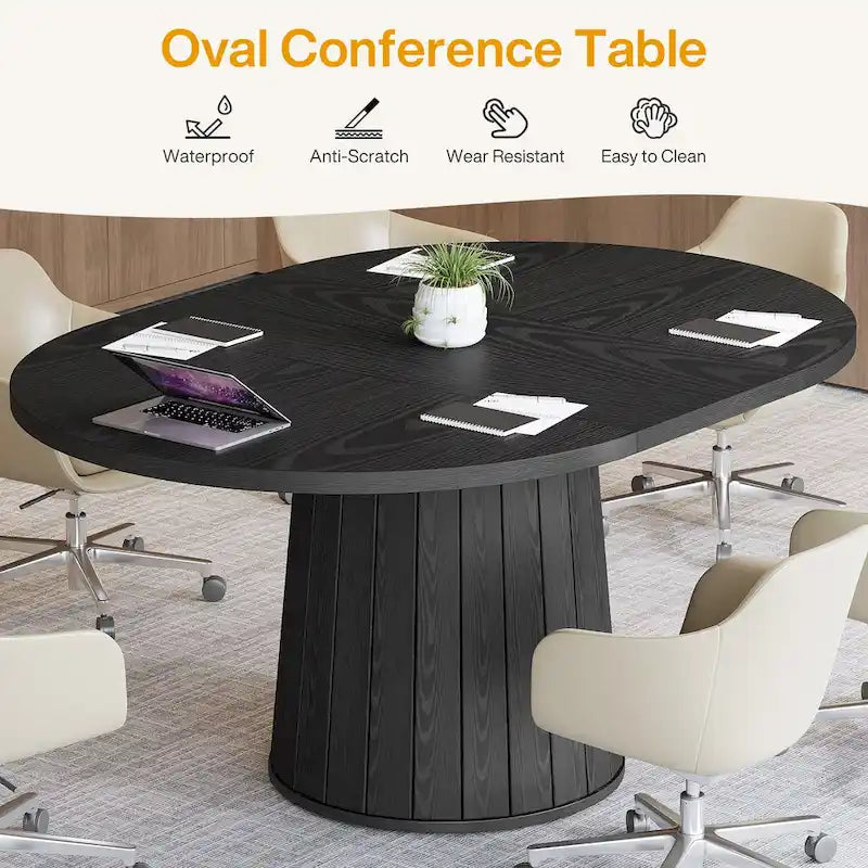 Table de conférence ovale en bois brun de 140 cm (55,11 pouces) avec piètement en bois pour 6 personnes - Non disponible