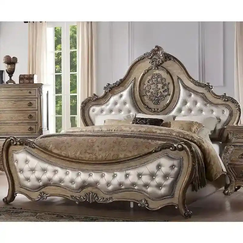 Lit en similicuir capitonné à boutons, finition chêne vieilli