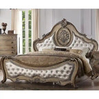 Lit en similicuir capitonné à boutons, finition chêne vieilli