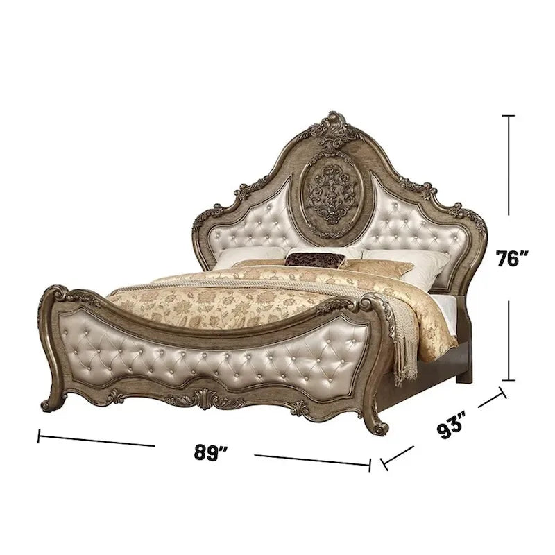 Lit en similicuir capitonné à boutons, finition chêne vieilli