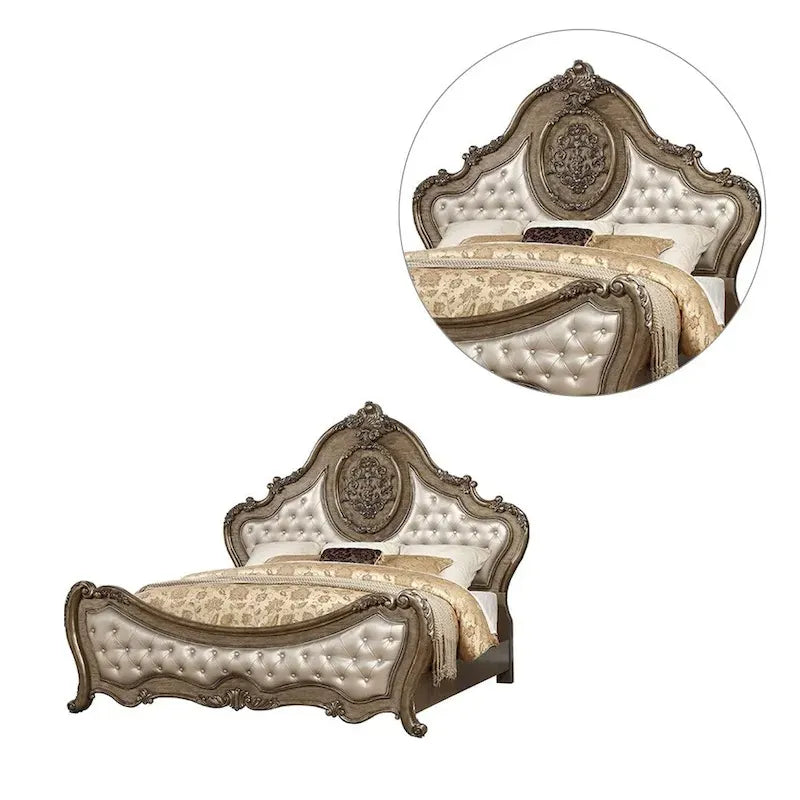 Lit en similicuir capitonné à boutons, finition chêne vieilli